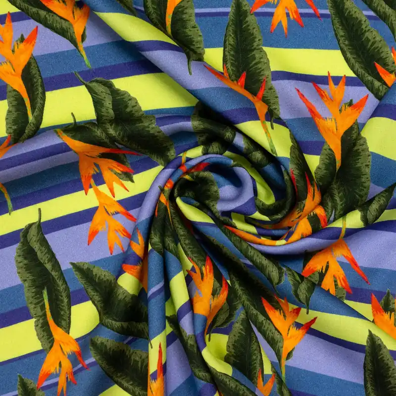 Angebot Viskosestoff, Satin, gelbgrün, lila hell, grüntöne, orangetöne, Streifen