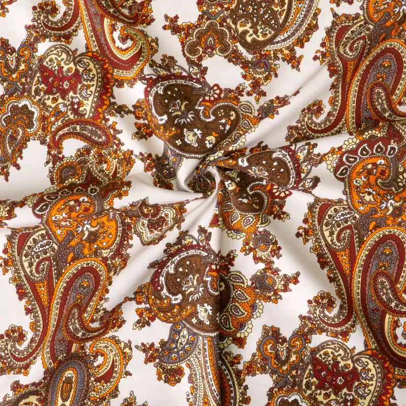 Viskosestoff, Javanaise, hellgrau, orange, braun, pastellgelb, Paisley-Muster Online Kaufen