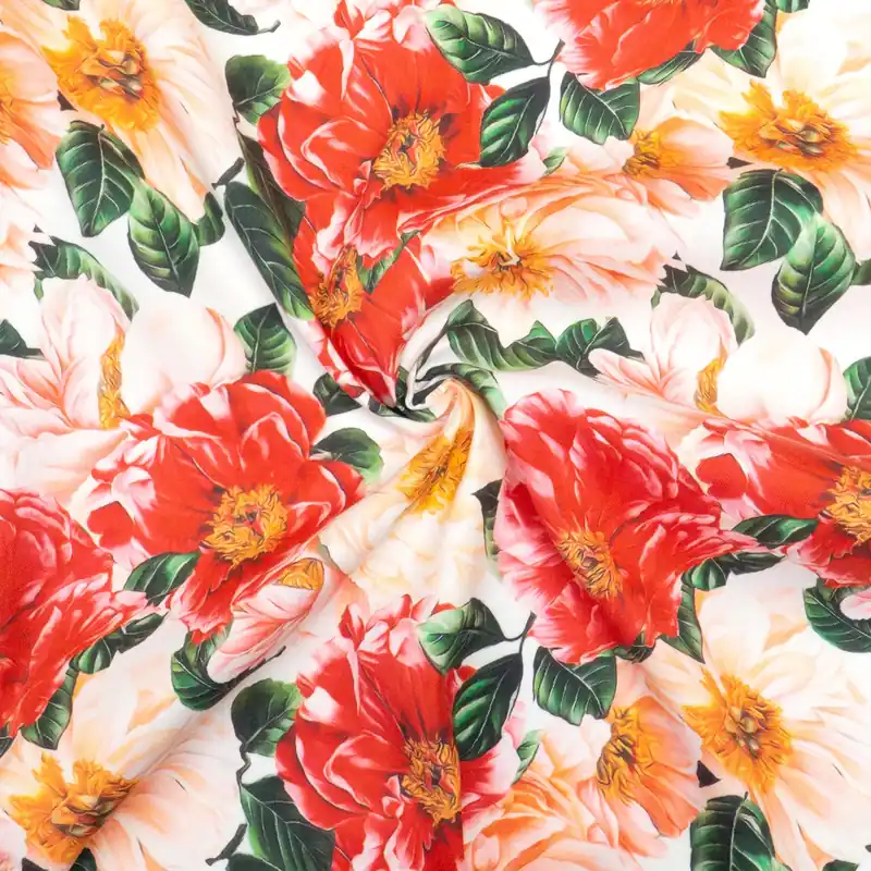 Leinenstoff, Twill, rottöne, grüntöne, weiß, floral gemustert Kostenloser Versand