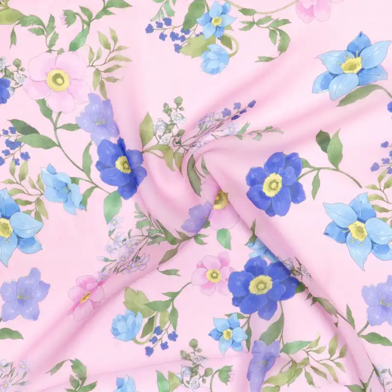 Neuheit Viskosestoff, Crêpe, rosa, blautöne, grüntöne, florale Motive