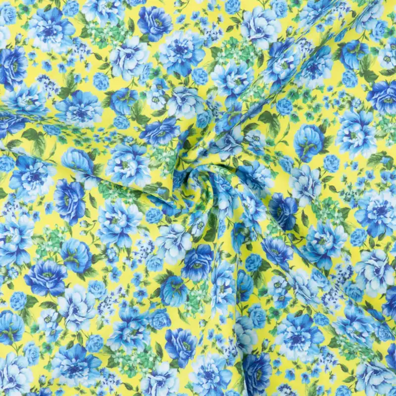 Expressversand Viskosestoff, Javanaise, gelb, blautöne, grüntöne, Milles Fleures