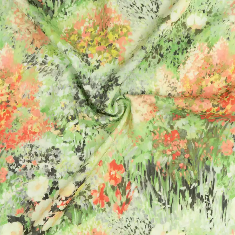 Viskosestoff, Javanaise, grüntöne, apricot, rotorange, florale Motive Geprüft