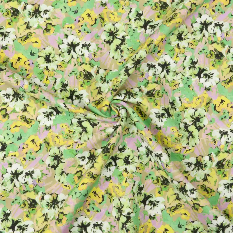 Nur Für Kurze Zeit Viskosestoff, Javanaise, grüntöne, flieder, ocker, schwarz, Milles Fleures