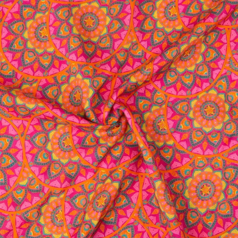 Viskosestoff, Javanaise, pink, orange, petrol, gelb, ornamental gemustert Neue Ware