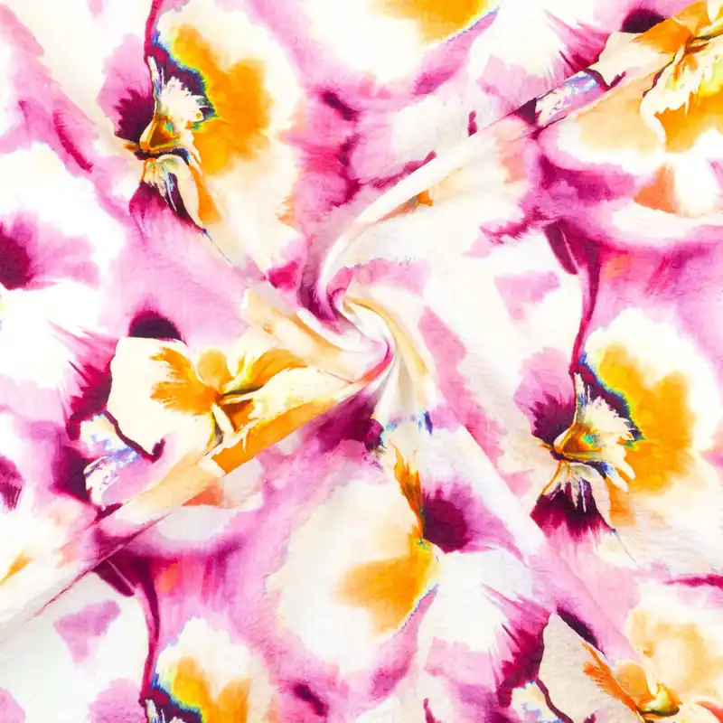 Baumwollstoff, Seersucker, offwhite, beere, rosa, orange, florale Motive Saisonangebot