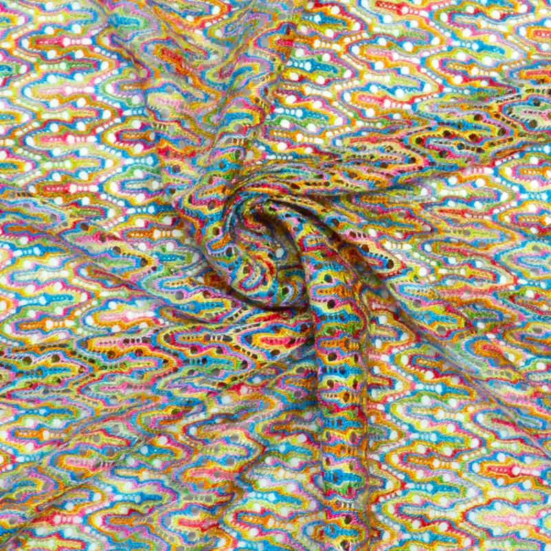 Spitzenstoff, pink, orange, blau, grün, grafisch gemustert Schnäppchen