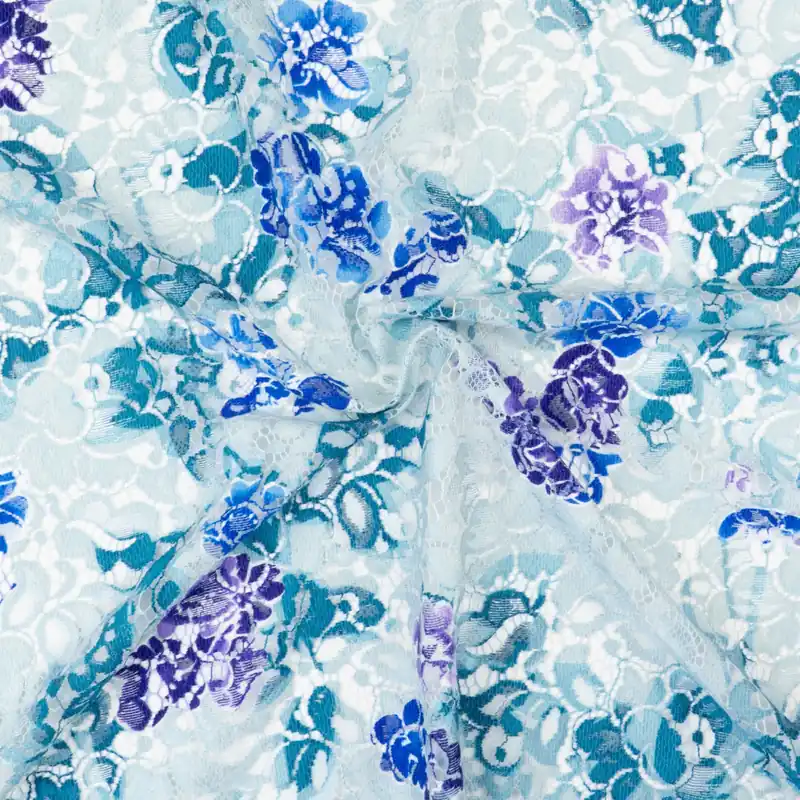 Kracherpreis Spitzenstoff, pastellblau, royalblau, lila, florale Motive