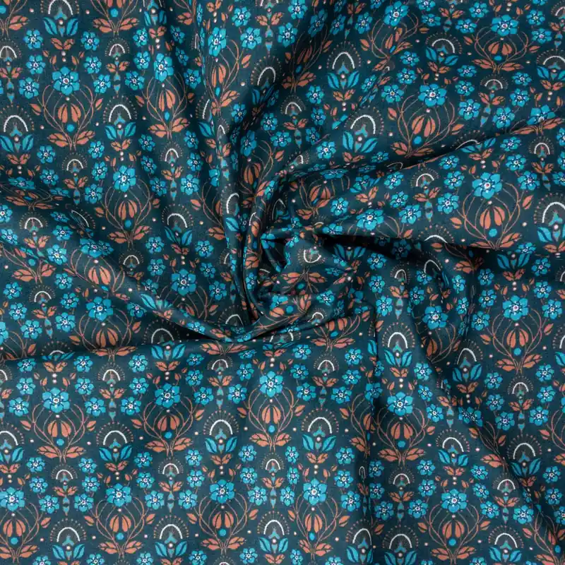 Baumwollstoff, Cretonne, rost, petrol dunkel, hellblau, florale Motive Echt