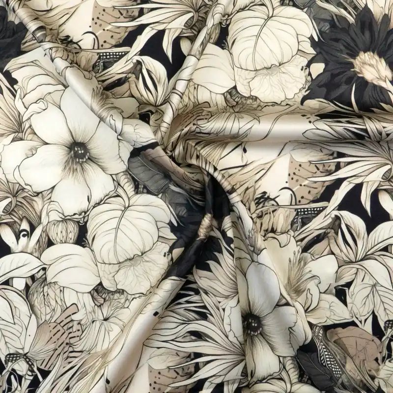Weltweiter Versand Elastischer Seidenstoff, Satin, anthrazit, creme, schwarz, florale Motive