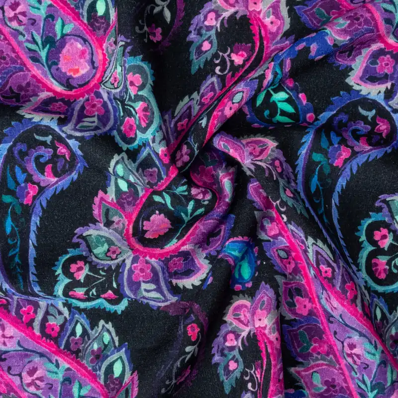 Heute Kaufen Wollstoff, Crêpe, schwarz, lila, pink, mint, florale Motive