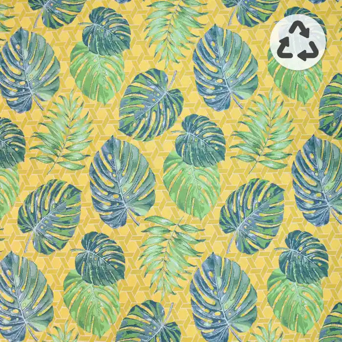 Kostenloser Rückversand Recycelter Dekostoff, Jacquard, tropisch, 21299, gelb-grün