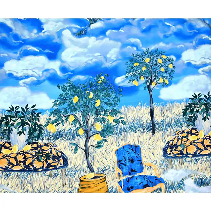 Gewebe, Viskose, Mikrosatin, Obst, 25821-41, blau Abverkauf