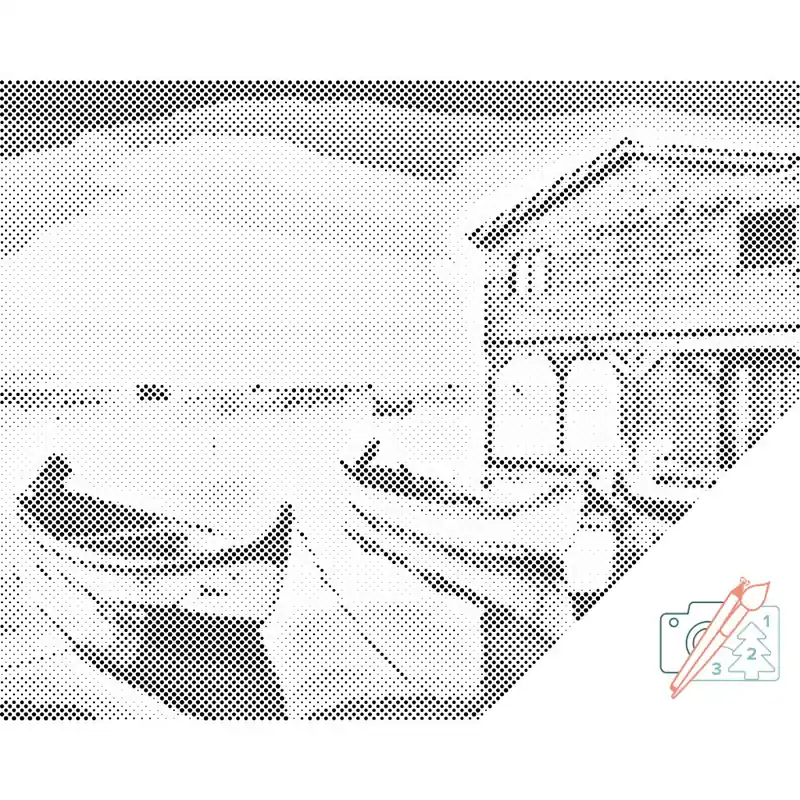 Direktkauf Punktmalerei – Boote und Holzhütte