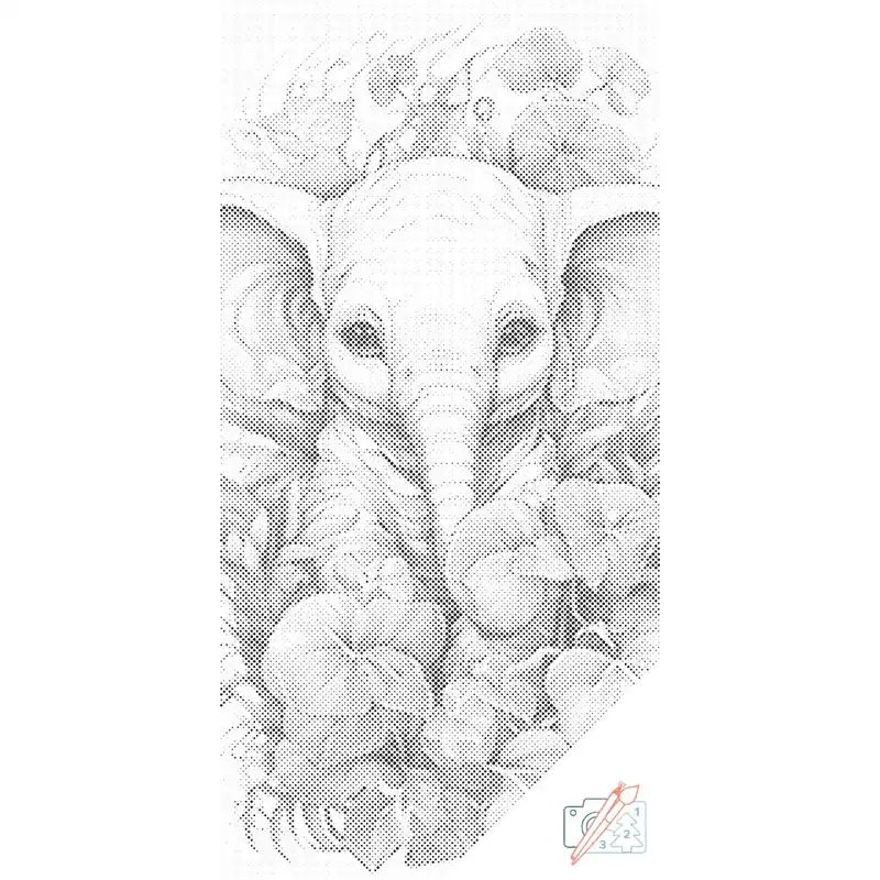 Punktmalerei – Elefantenkalb umgeben von Pflanzen Weltweiter Versand