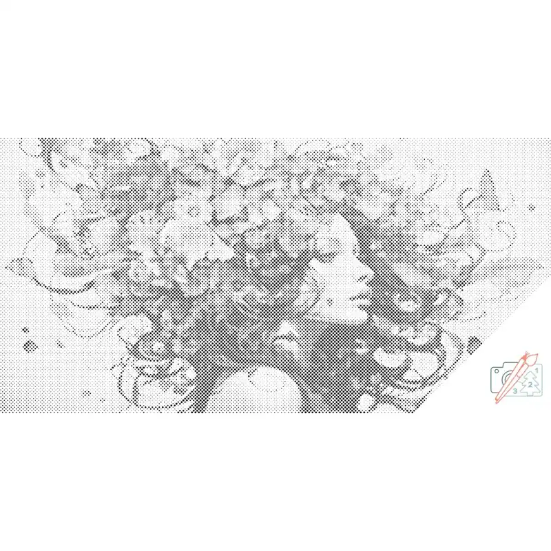 Punktmalerei – Frau mit Schmetterlingen im Haar Original