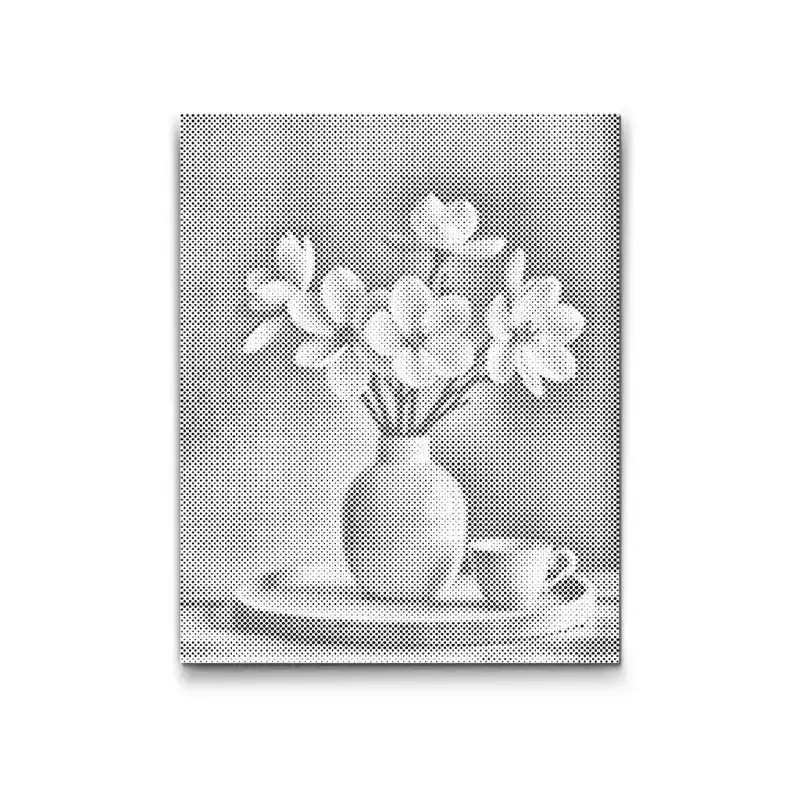 Punktmalerei – Frühlingsweiße Blumen in einer Vase Top-Preis